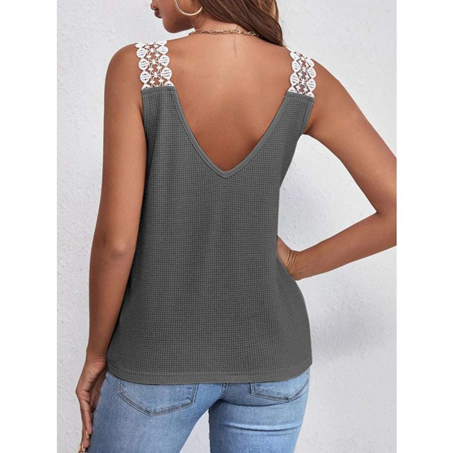 Lace Detail Waffle Knit V Neck Tank