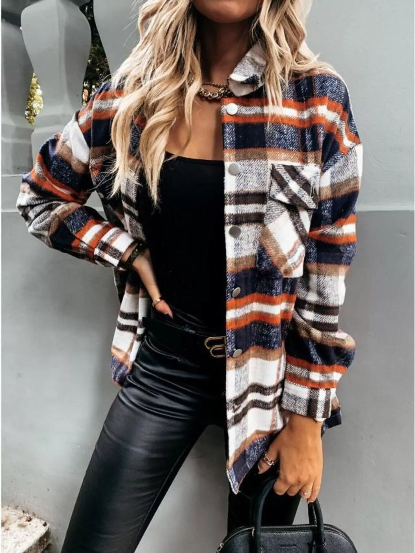 Plaid Button Down Long Sleeve Shacket Jacket