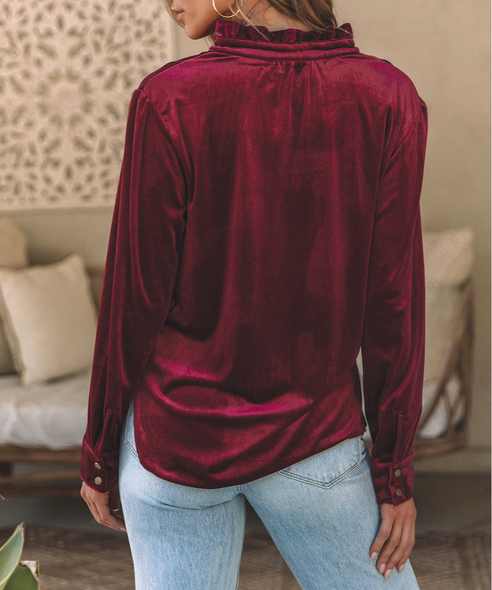 Burgundy Frilled Neck Buttoned Front Velvet Top