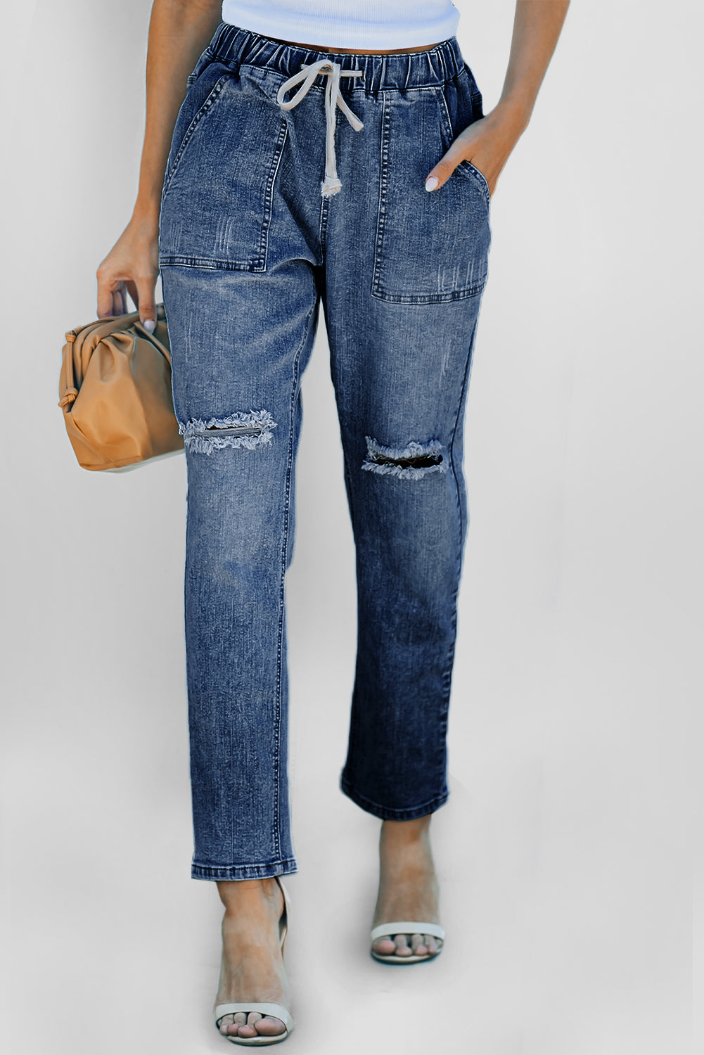 Pocketed Distressed Gather Round Jogger Jeans