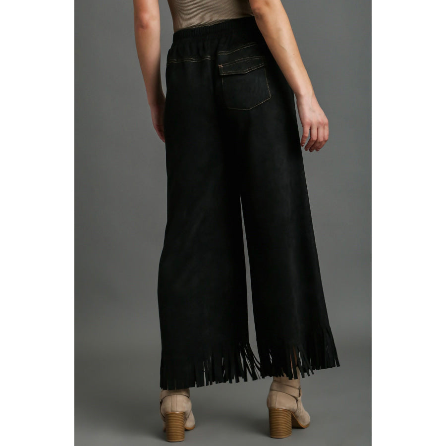 Full Size Suede Fringe Hem Wide Leg Pants Plus Size