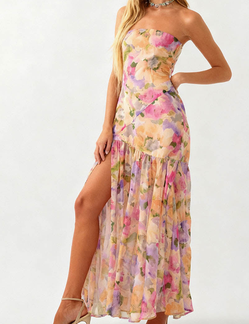Strapless Watercolor Chiffon Side Slit Maxi Dress
