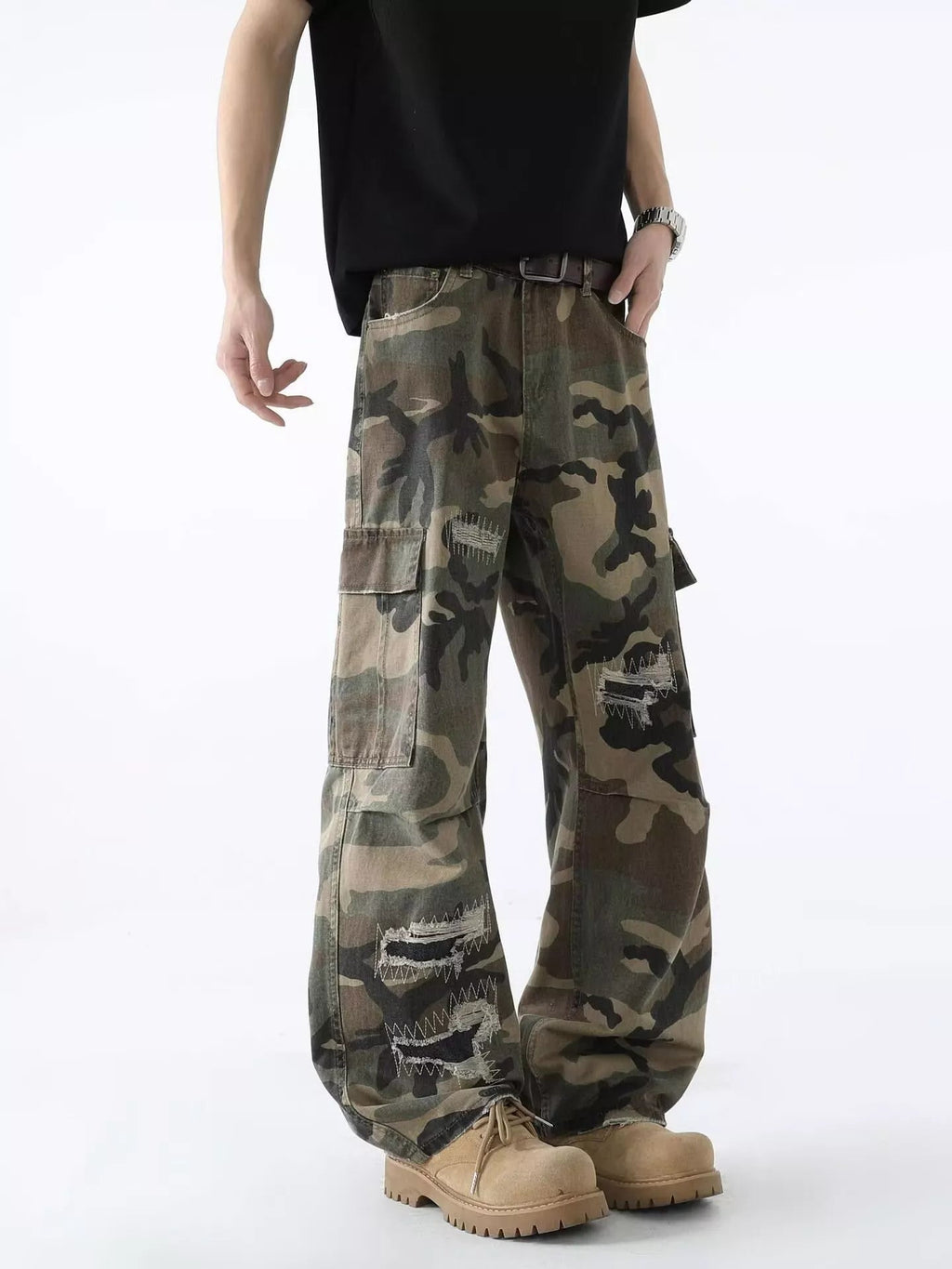 Men's Full Size Distressed Camouflage Wide Leg Jeans Plus Size