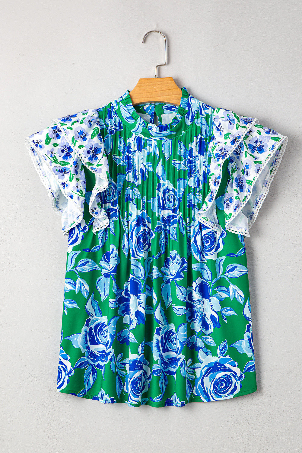 Green Floral Print Lace Trim Contrast Ruffle Sleeve Pleated Loose Blouse