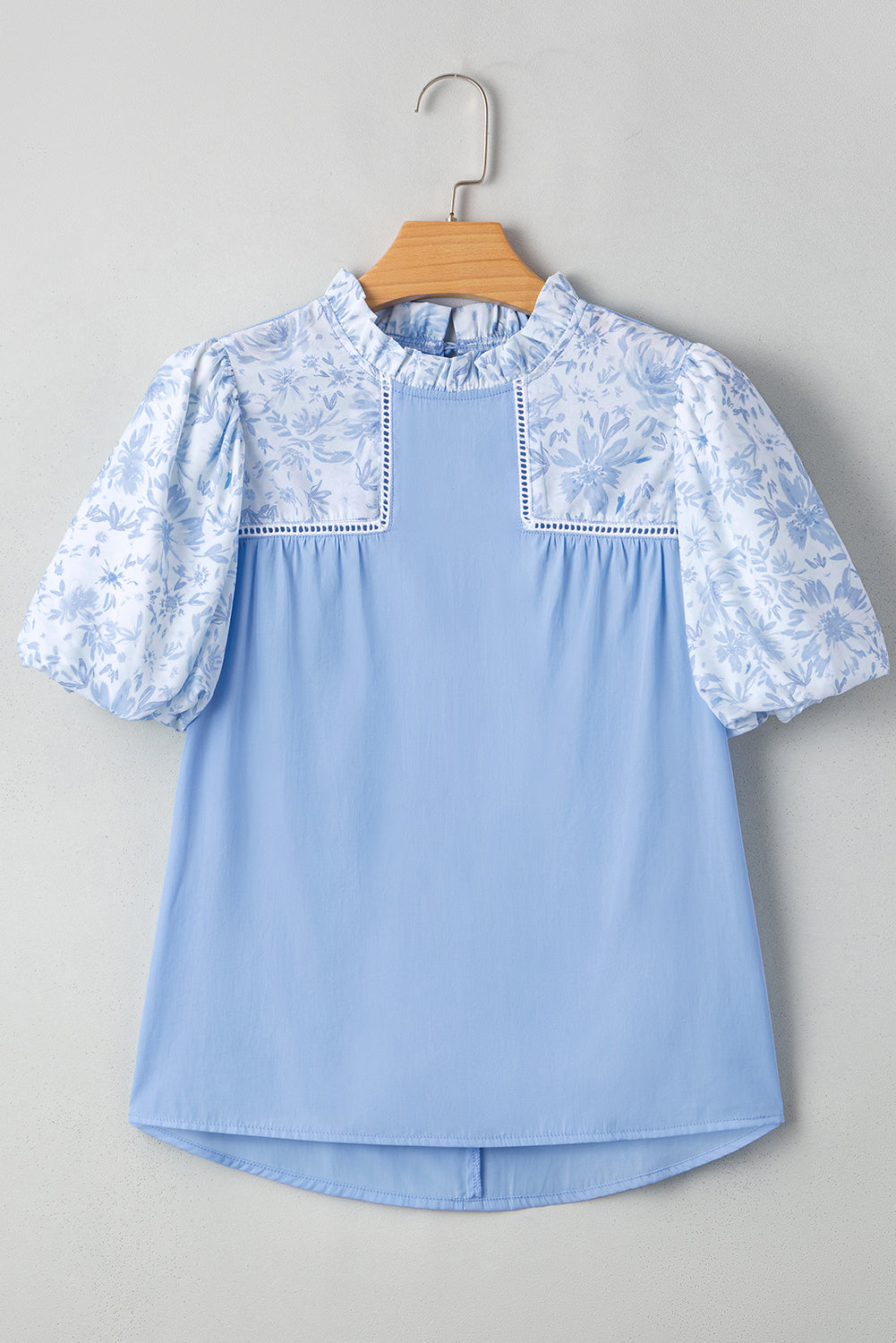 Blue Lace Insert Floral Puff Sleeve Patchwork Loose Blouse