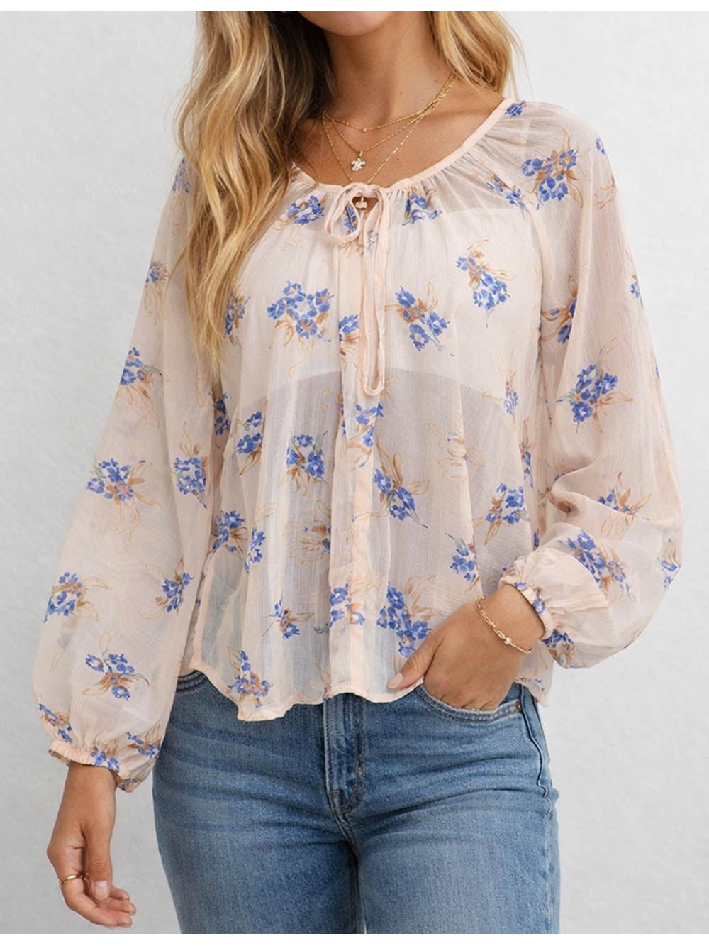 Boho Sheer Chiffon Neck Blouse