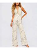 Polka Dot Halter Collar Metal Ring Wide Leg Jumpsuit