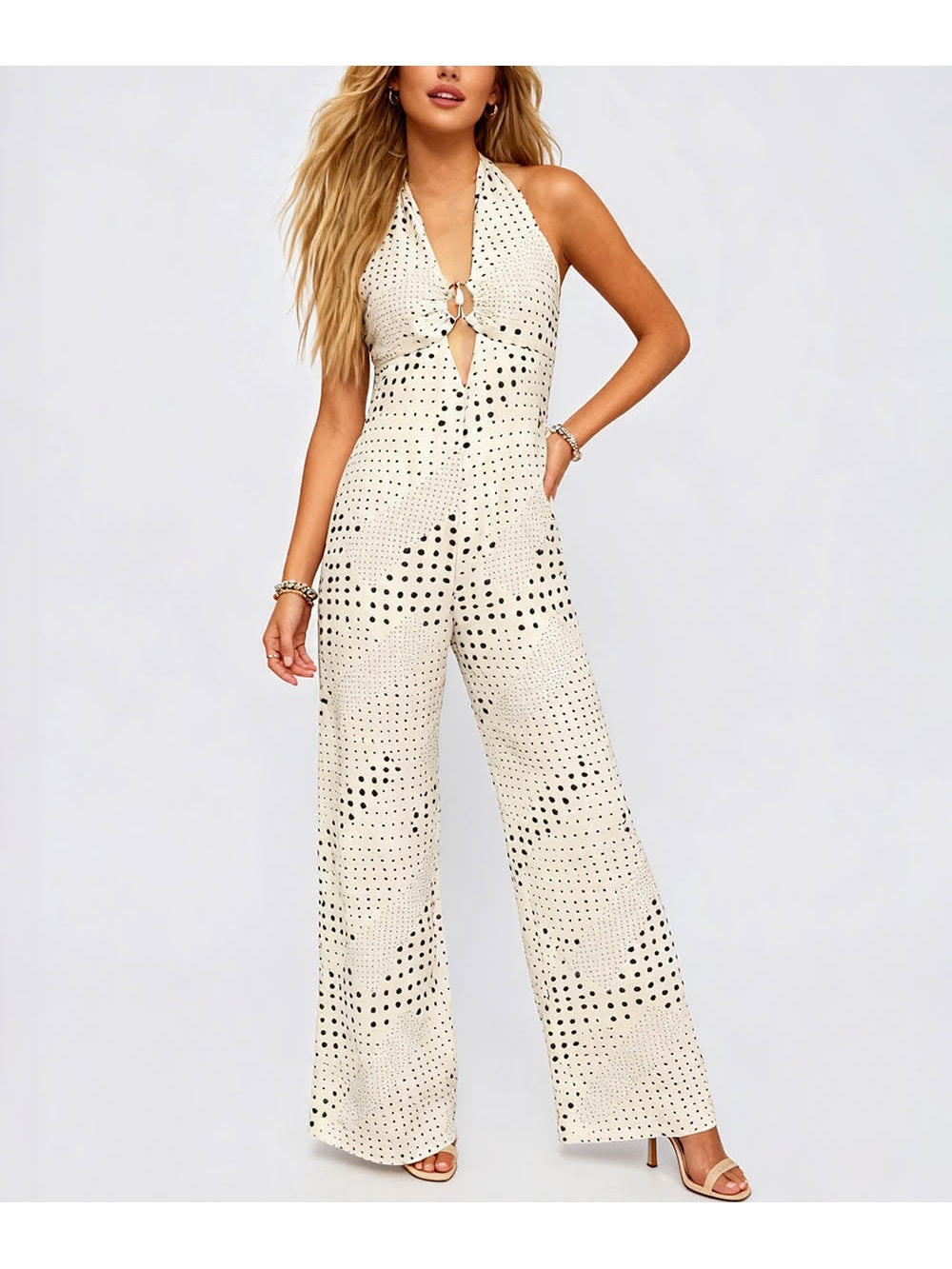 Polka Dot Halter Collar Metal Ring Wide Leg Jumpsuit