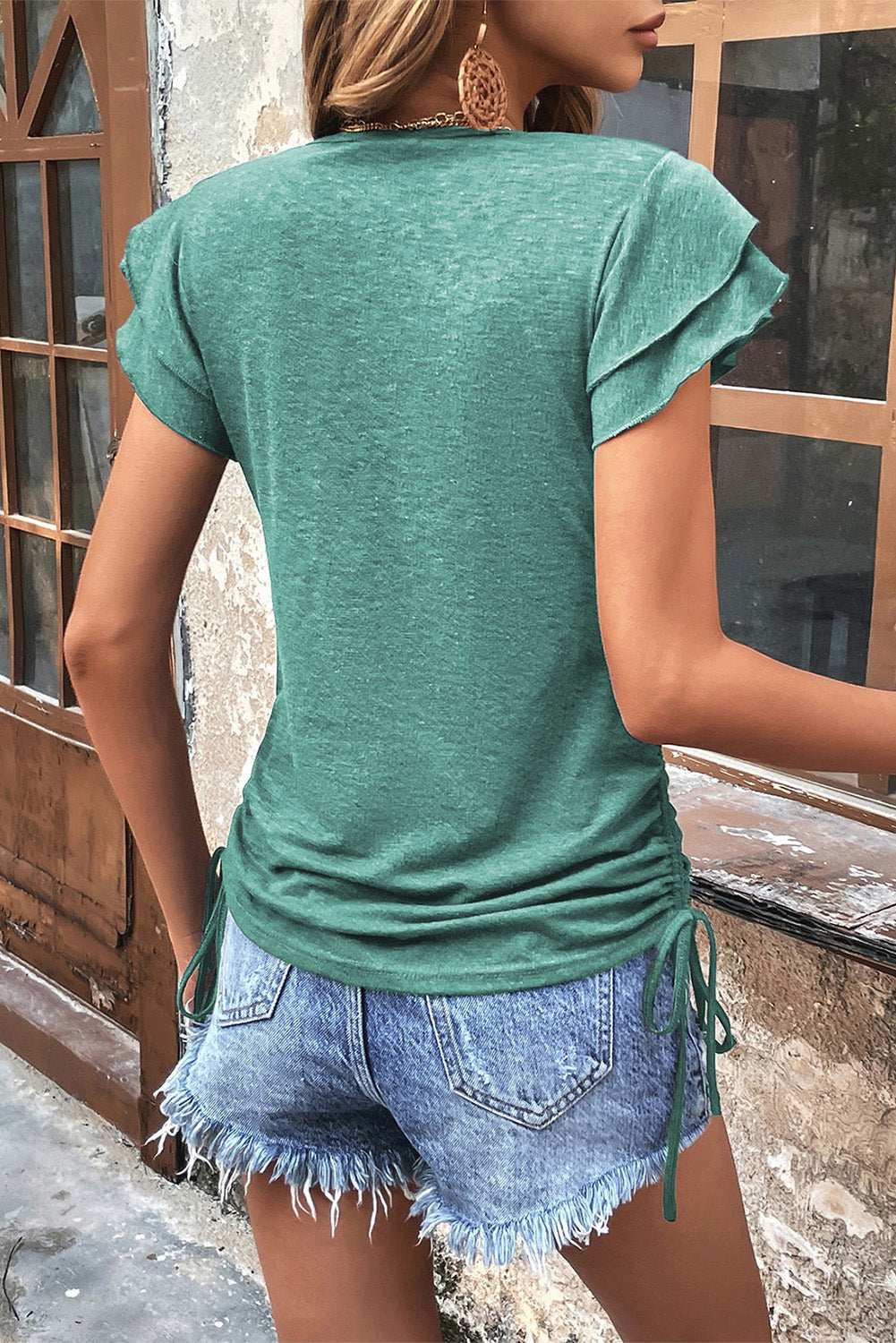 Ruffle Short Sleeves V Neck