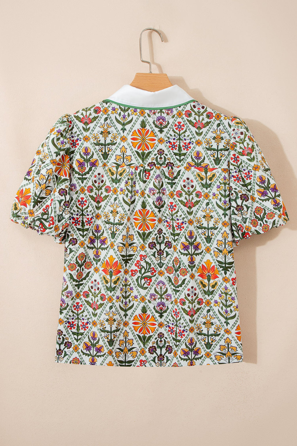 Green Short Bubble Sleeve Floral Shirt