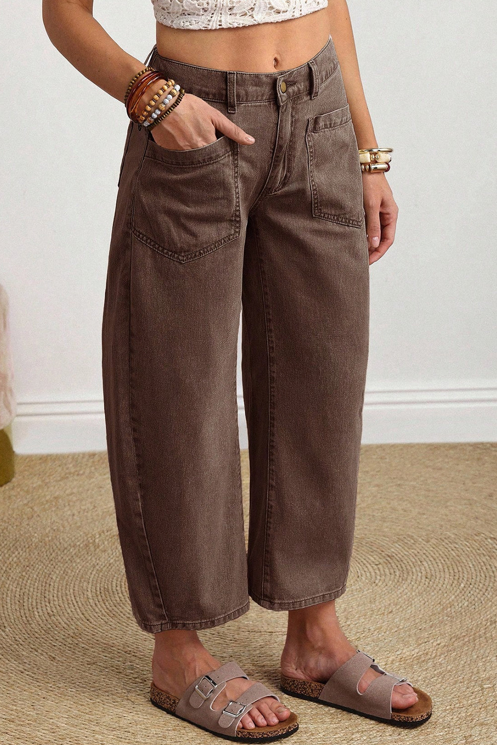Barrel Patch Pocket Solid Square Ankle-length Jeans