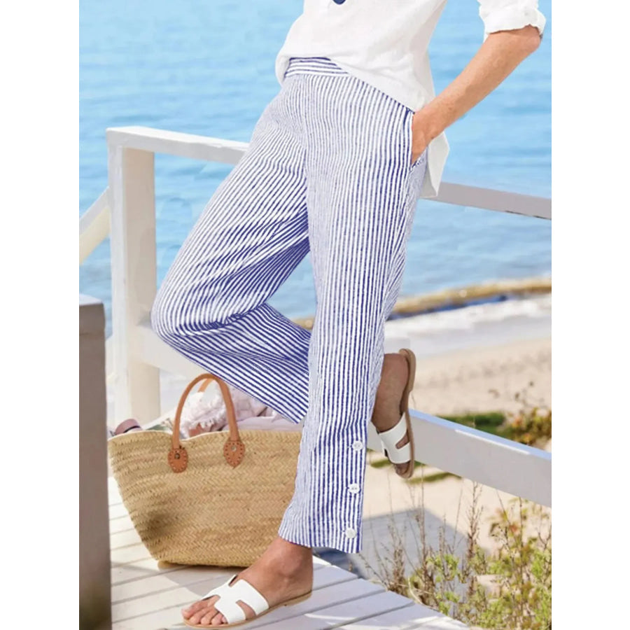 Full Size Striped Side Button Detail Pants Plus Size