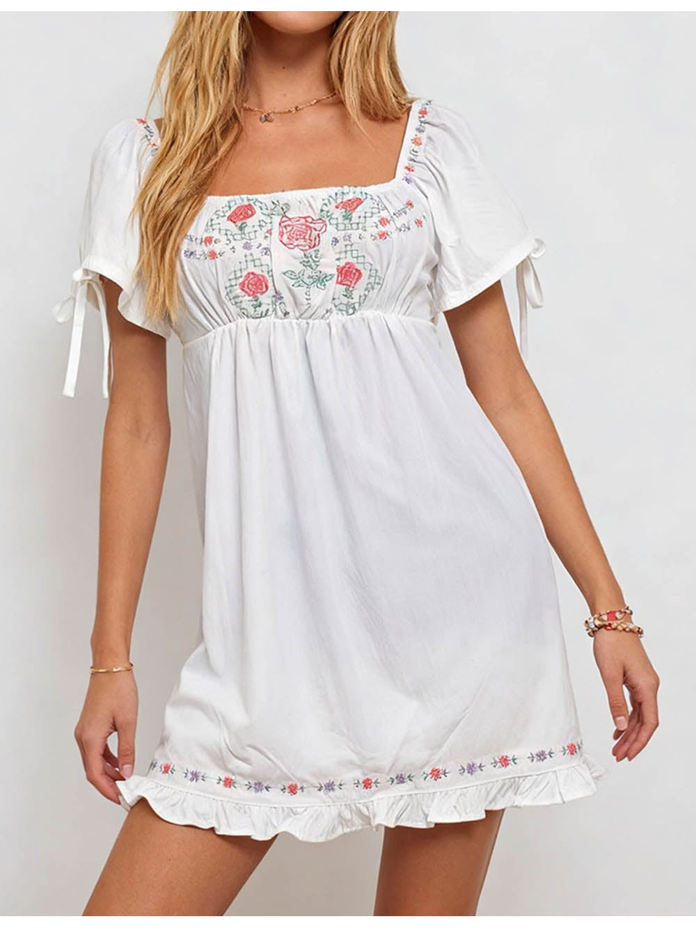 Embroidery Square Neck Bow Mini Dress