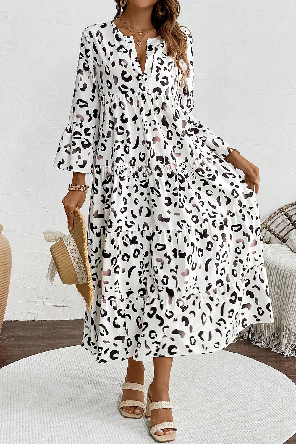 Leopard Print Notch V Neck Loose Fit Maxi Dress