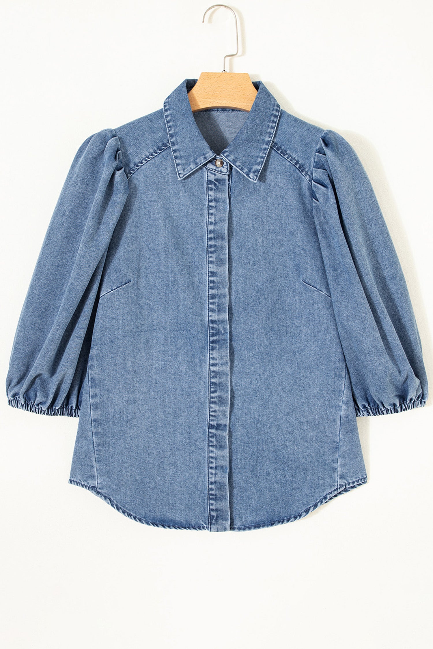 Blue Puff Half Sleeve Collared Denim Shirt