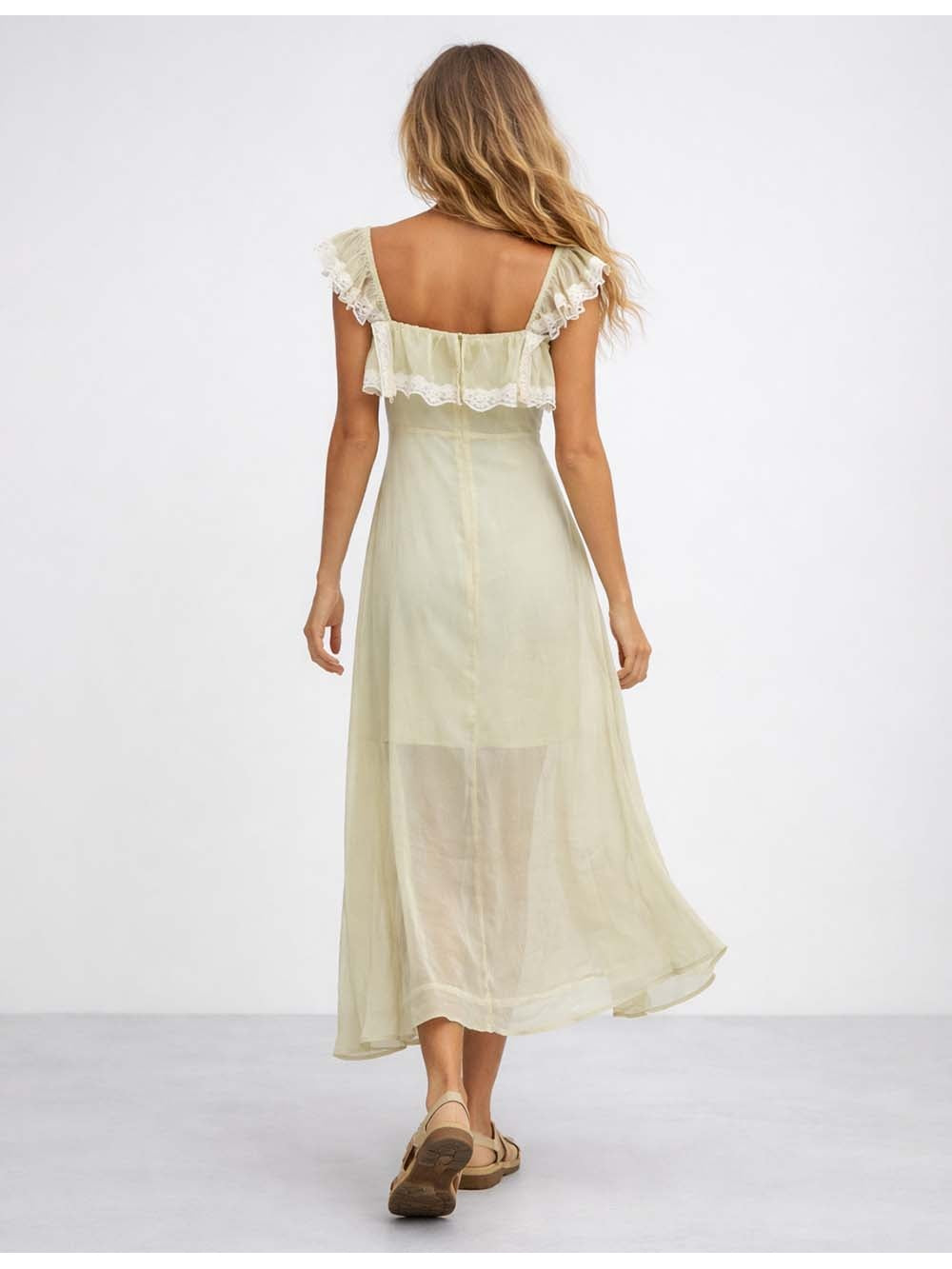 Ruffle Sleeves Lace Trim Square Neck Button Front Midi Dress