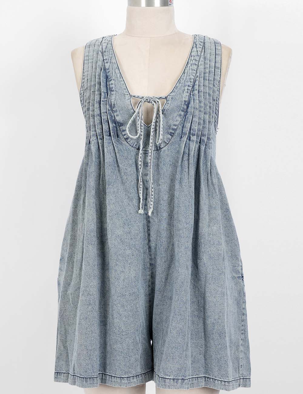 V Neck Front Pleated Sleeveless Denim Romper