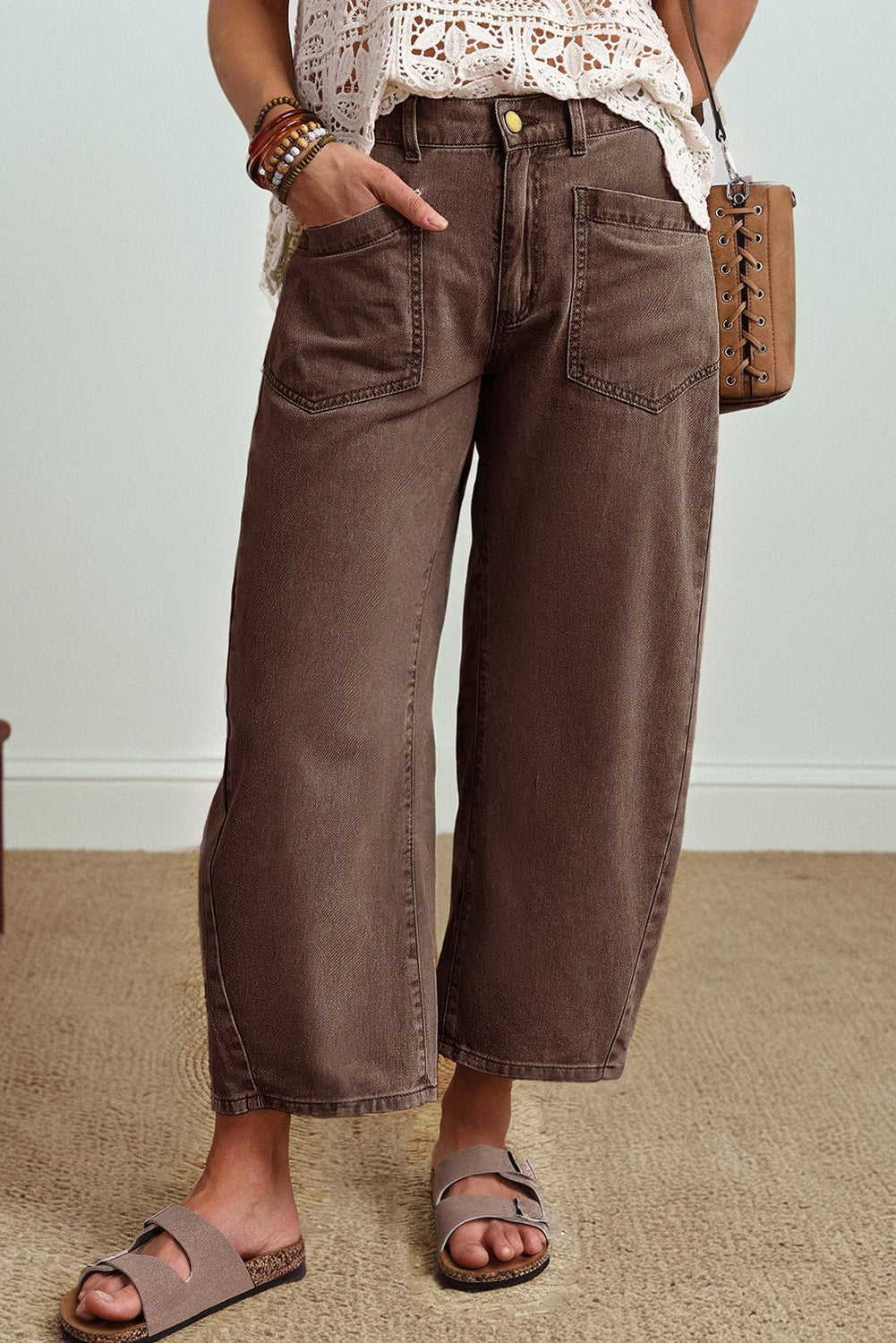 Barrel Patch Pocket Solid Square Ankle-length Jeans