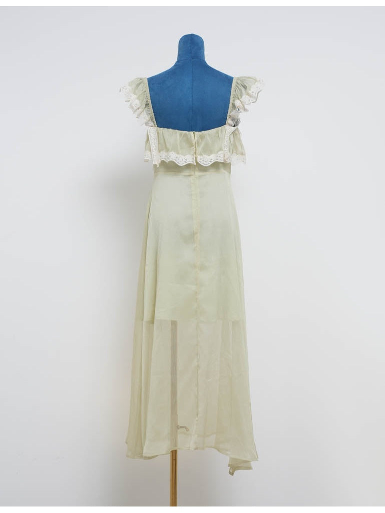 Ruffle Sleeves Lace Trim Square Neck Button Front Midi Dress
