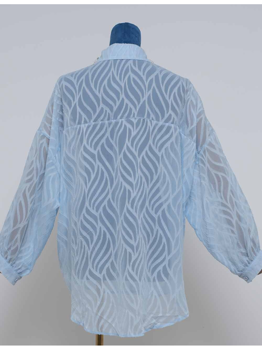 Chic Bead Shirt Collar Lantern Sleeves Jacquard Blouse