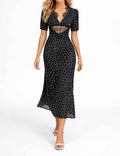 Chic Polka Dot Lace Trim V Neck Short Sleeves Maxi Dress