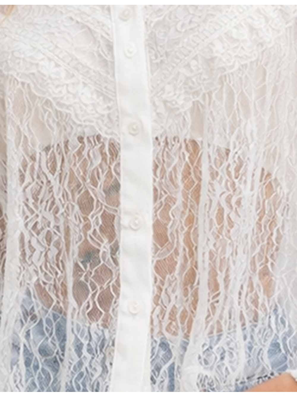 Sheer Lace Round Neck Button Long Sleeves Boho Blouse