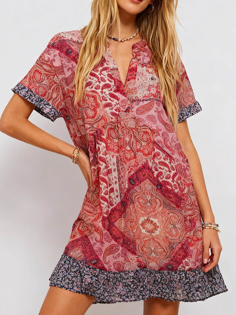Boho Abstract V Neck Short Sleeves Mini Dress
