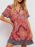 Boho Abstract V Neck Short Sleeves Mini Dress
