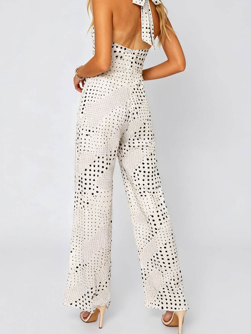 Polka Dot Halter Collar Metal Ring Wide Leg Jumpsuit