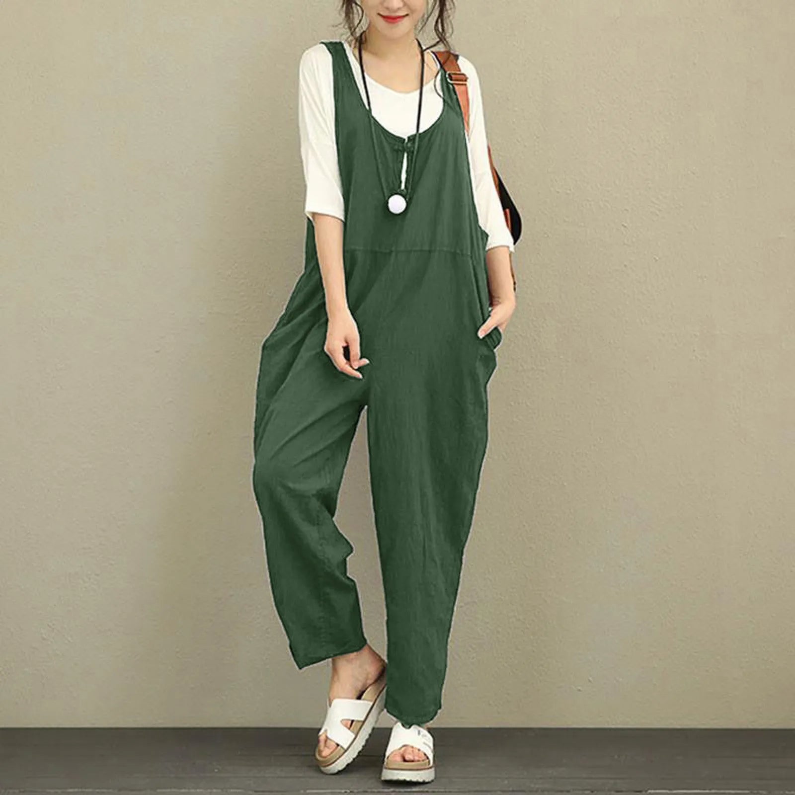 Boho Comfort Wide-Leg Suspender Cotton Jumpsuit