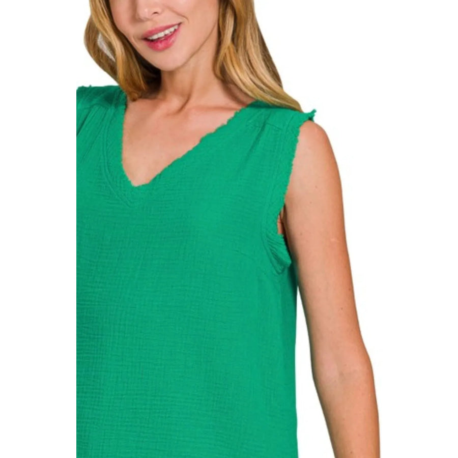 Relaxed Double Gauze Raw Edge V Neck Tank