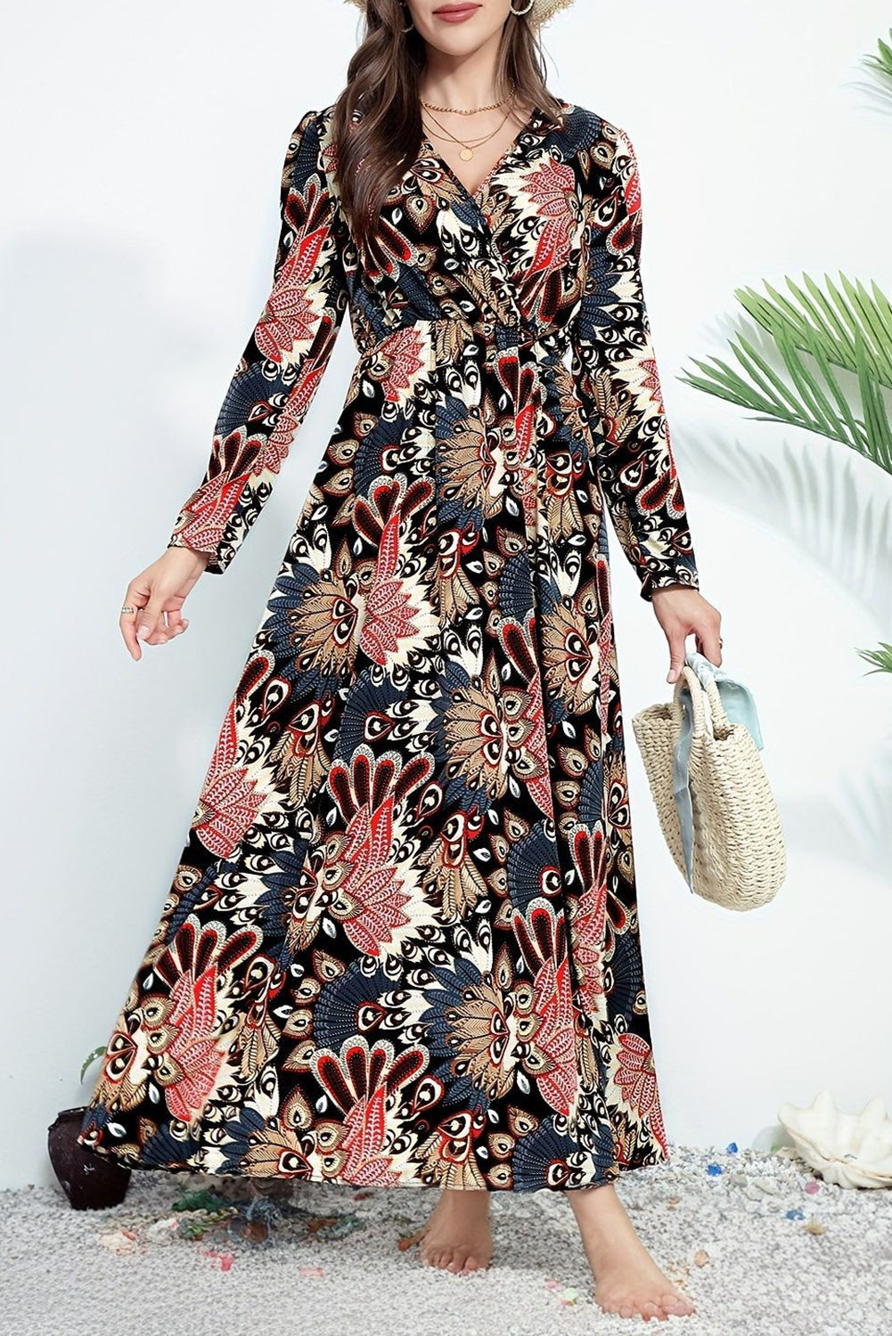 Floral Print V Neck Wrap High Waist Maxi Dress
