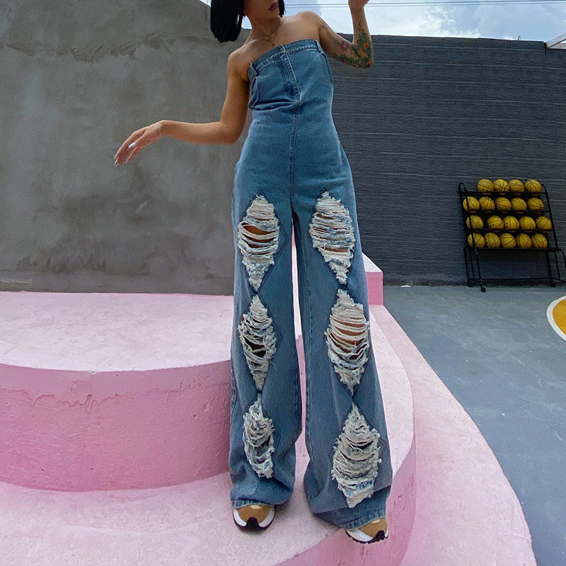 Edgy Texture Ripped Hollow-Out Strapless Jumpsuit