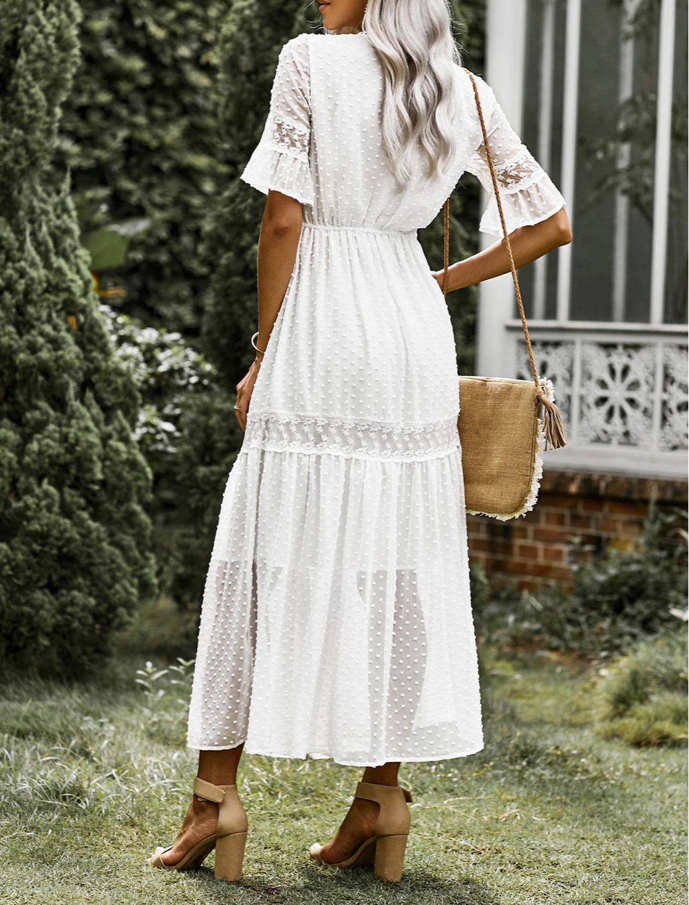 Swiss Dot Lace Trim Maxi Dress
