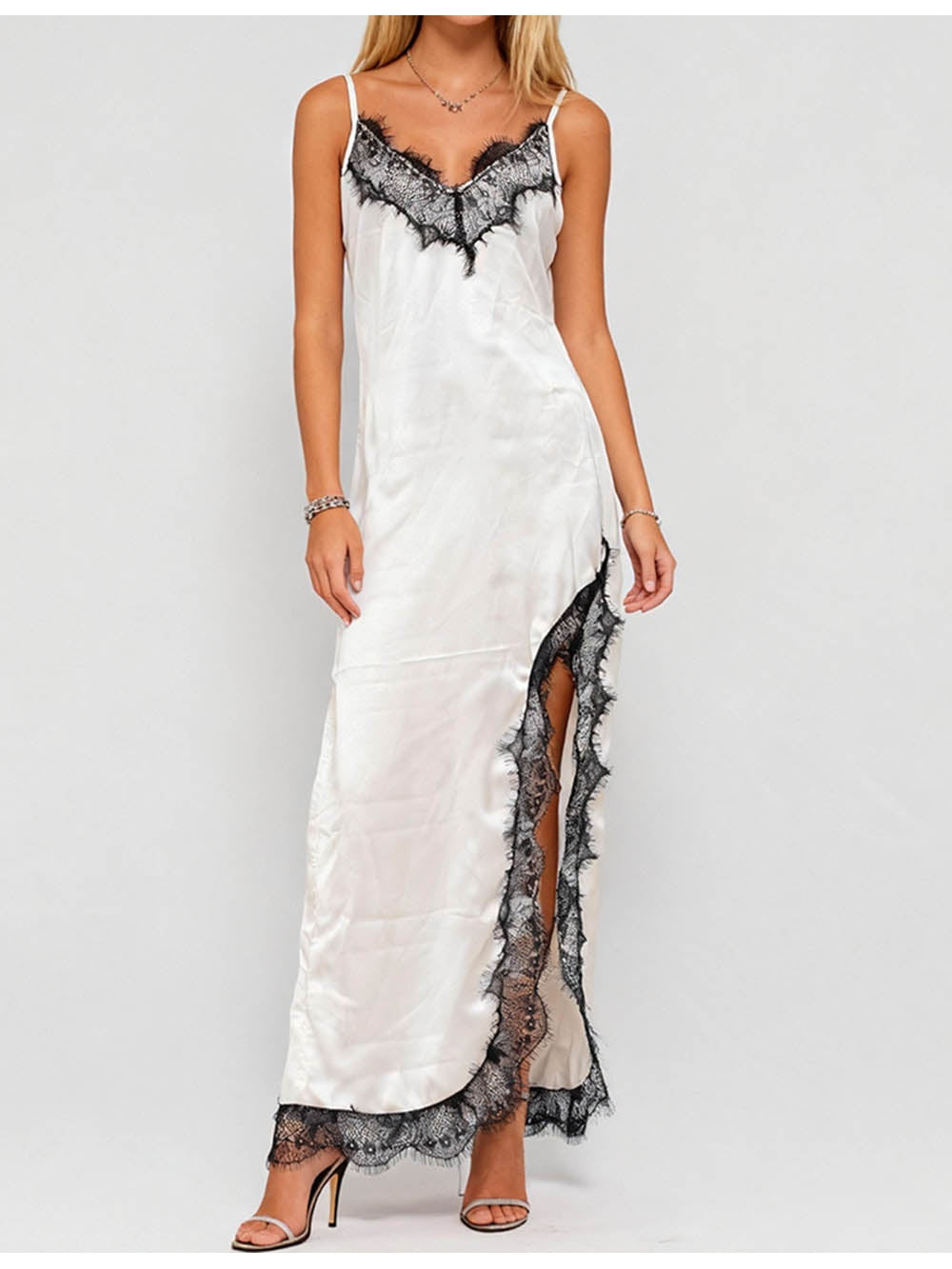 V Neck Lace Trim Spaghetti Strap Satin Maxi Dress