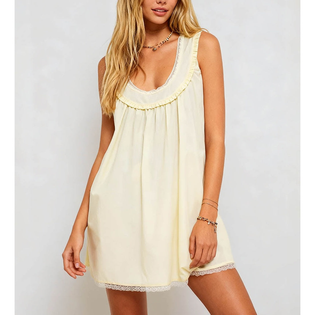 Lace Trim Bow Sleeveless Babydoll Mini Dress