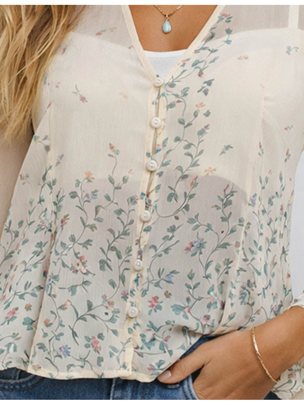 Boho Flared Sleeves V Neck Button Front Blouse