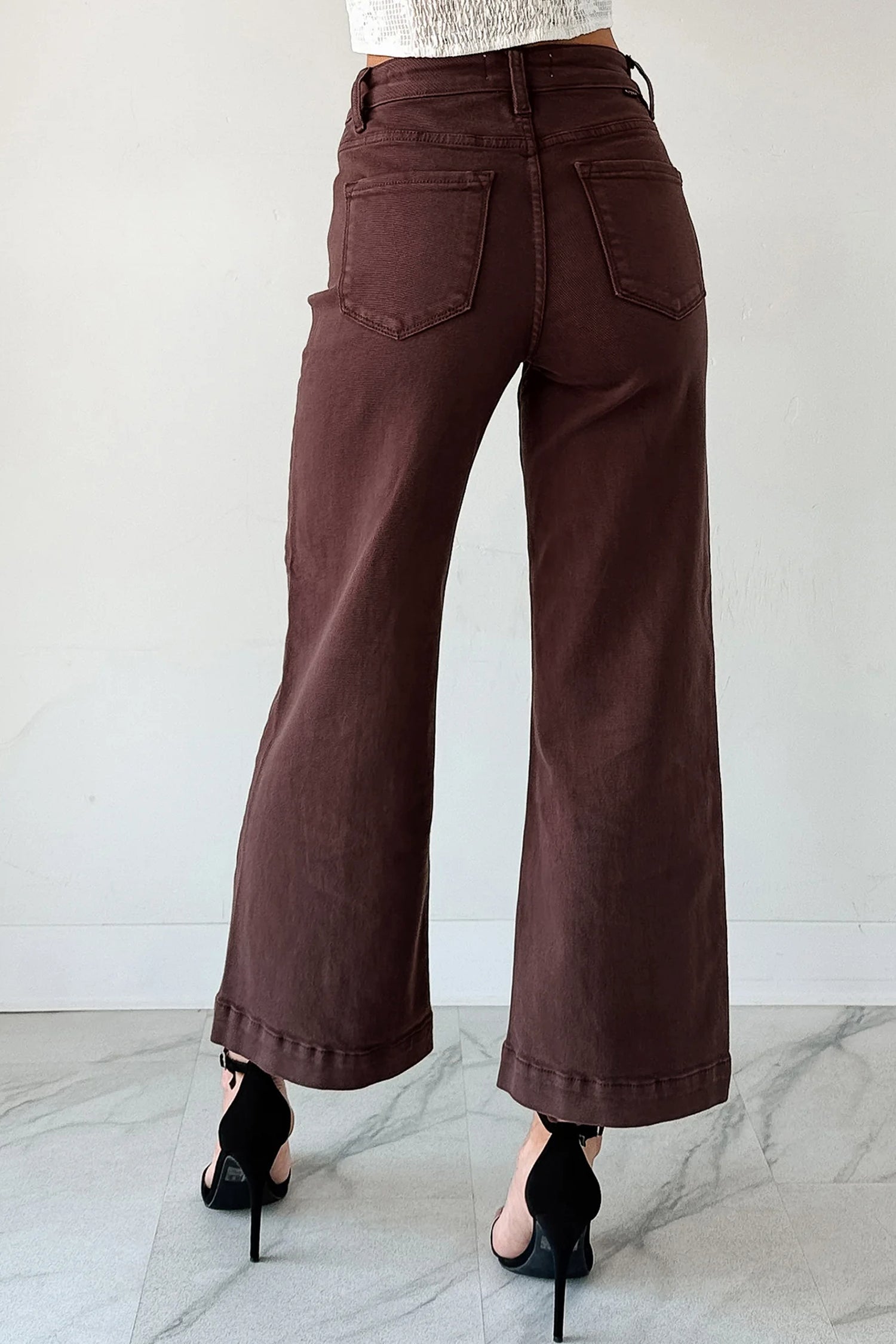 Wide Leg Cropped Sandalwood Solid Seamed Jeans
