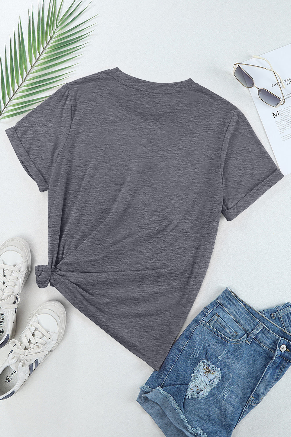 Gray Casual Plain Crew Neck
