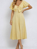 Chic Bow Neck Puff Sleeves Solid Color Midi Dress