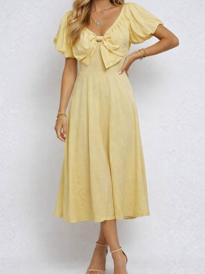Chic Bow Neck Puff Sleeves Solid Color Midi Dress