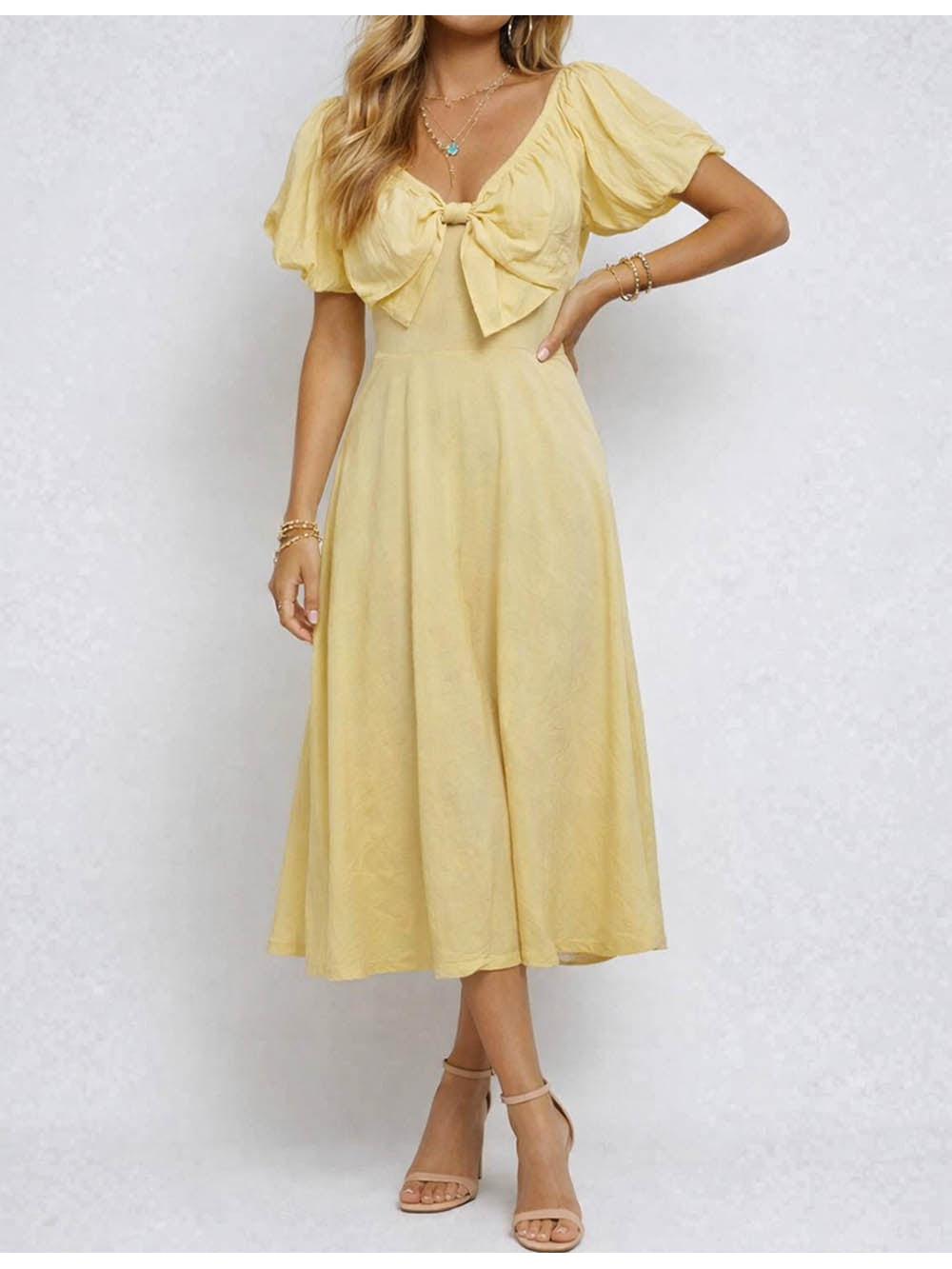 Chic Bow Neck Puff Sleeves Solid Color Midi Dress