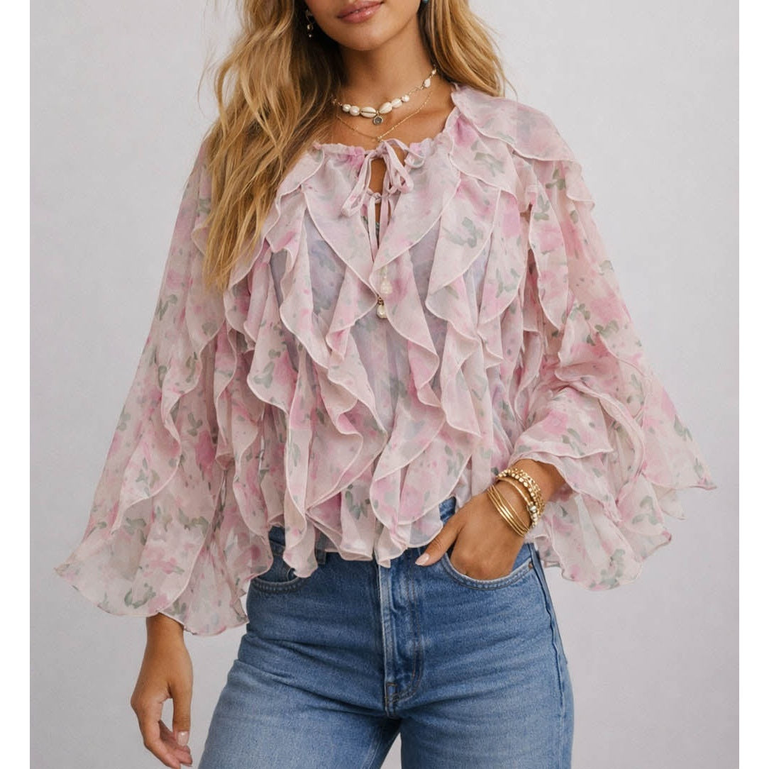 Boho Neck Tiered Ruffle Blouse