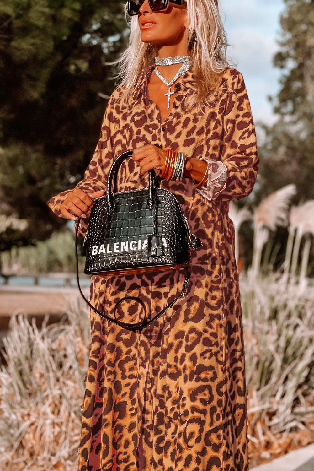 Leopard Button-up Long Sleeve Maxi Dress