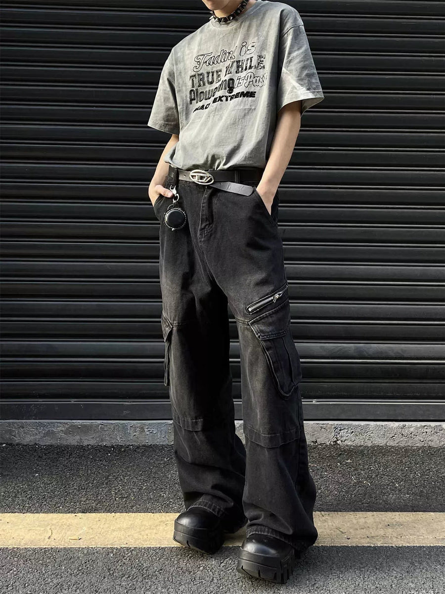 Men's Plus Size Vintage Wash Wide Leg Cargo Jeans