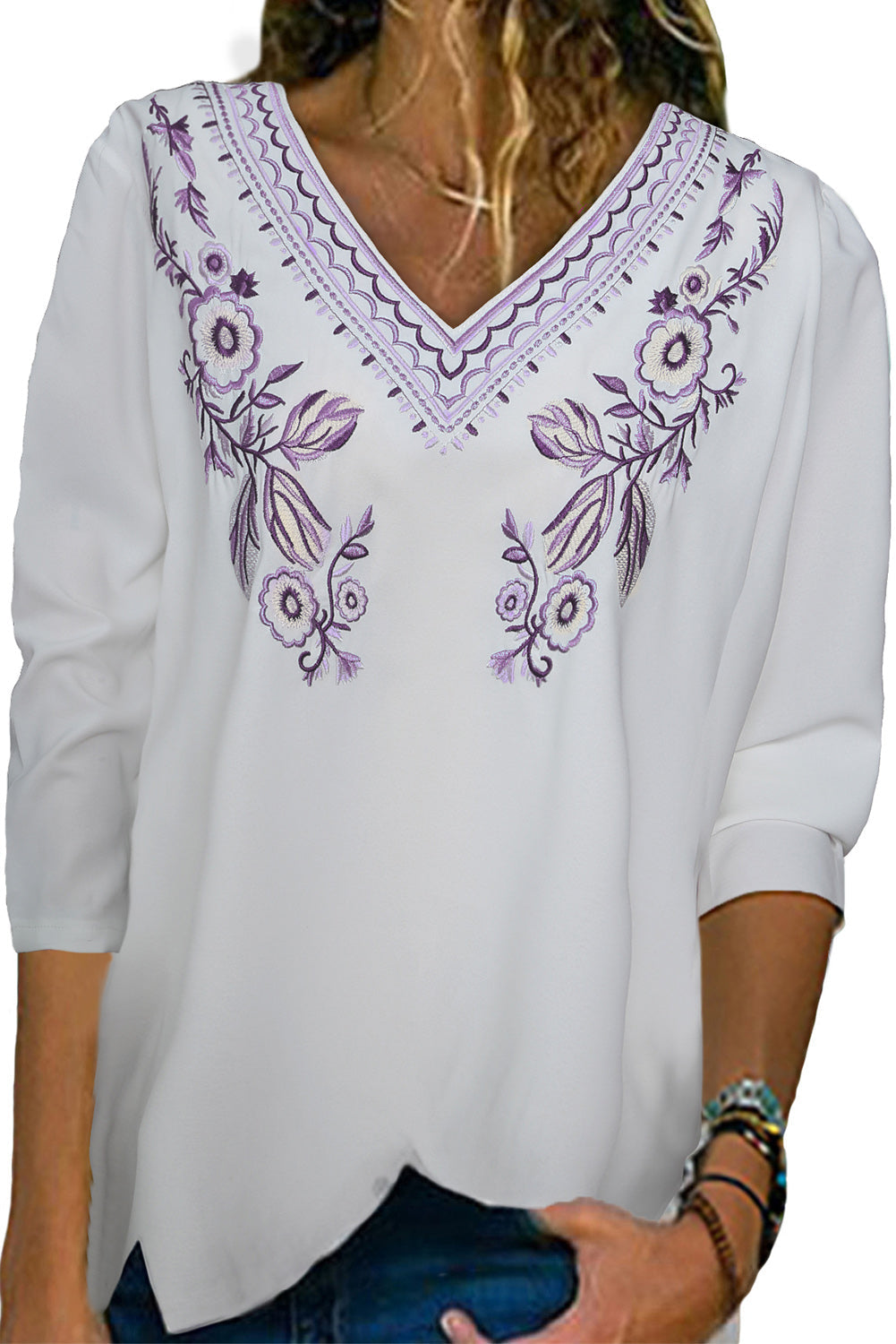Embroidered V Neck Blouse