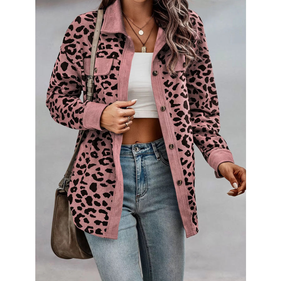 Full Size Leopard Print Button Down Jacket Plus Size