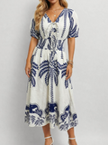 Palm Tree Smocke Waist V Neck Drawstring Midi Dress