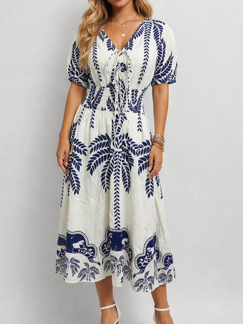 Palm Tree Smocke Waist V Neck Drawstring Midi Dress