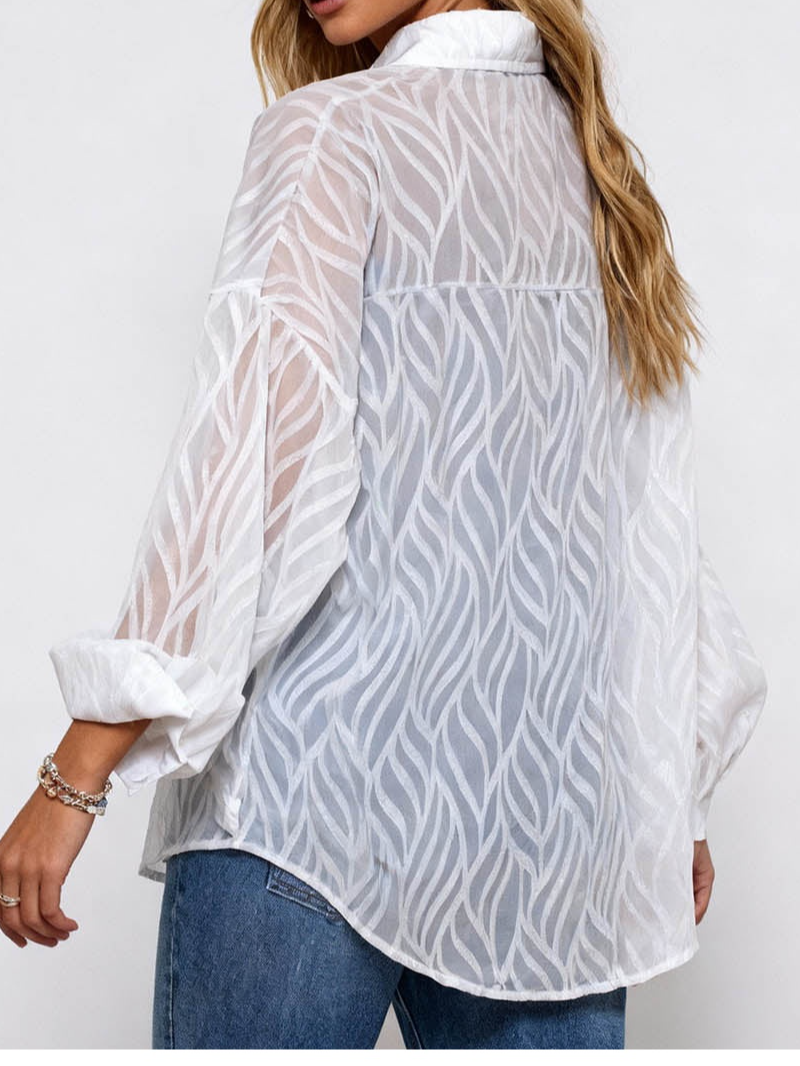 Chic Bead Shirt Collar Lantern Sleeves Jacquard Blouse